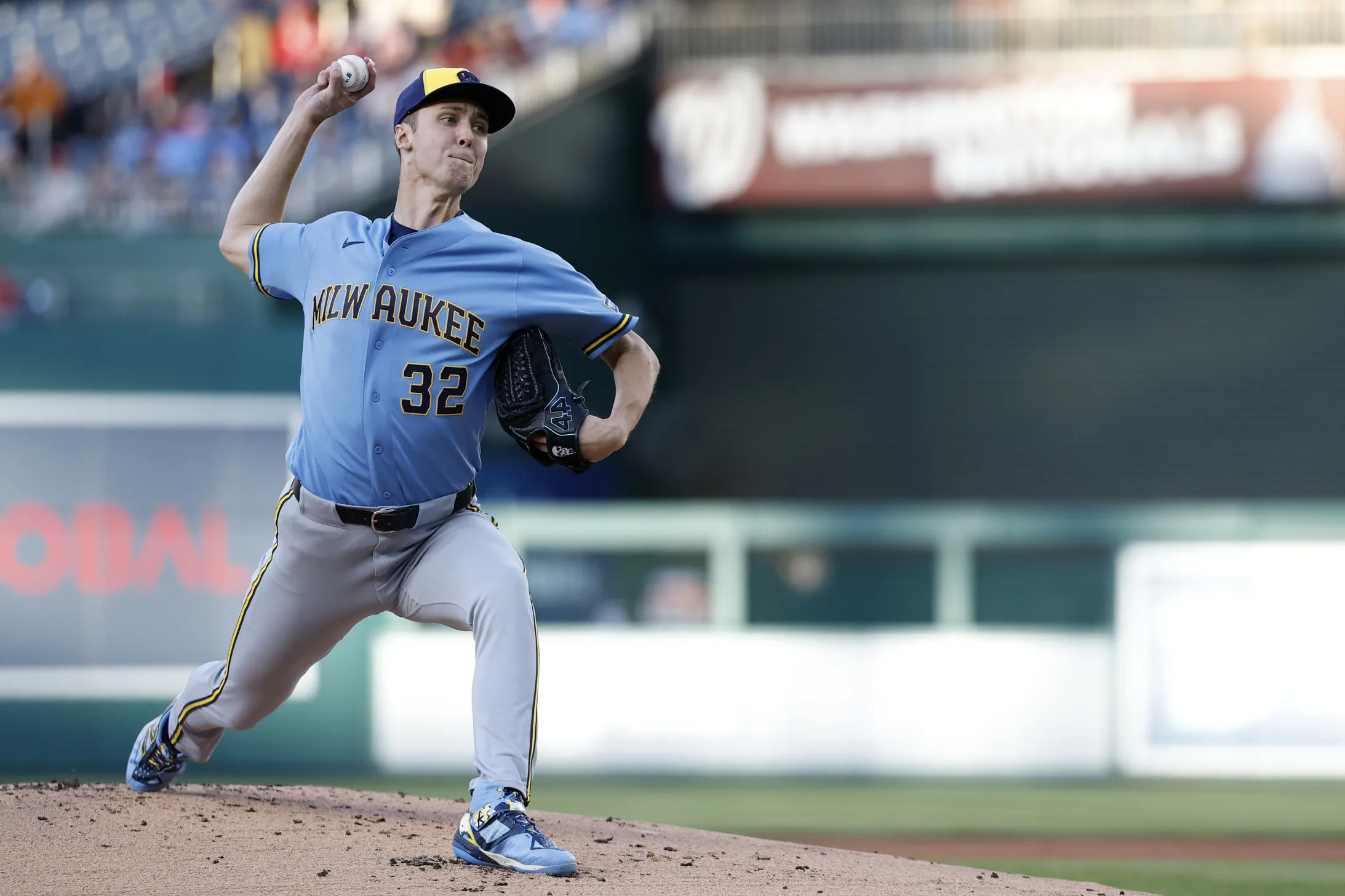 Misiorowski Dominates Before Hamstring Cramp as Brewers Beat Nationals 6-1