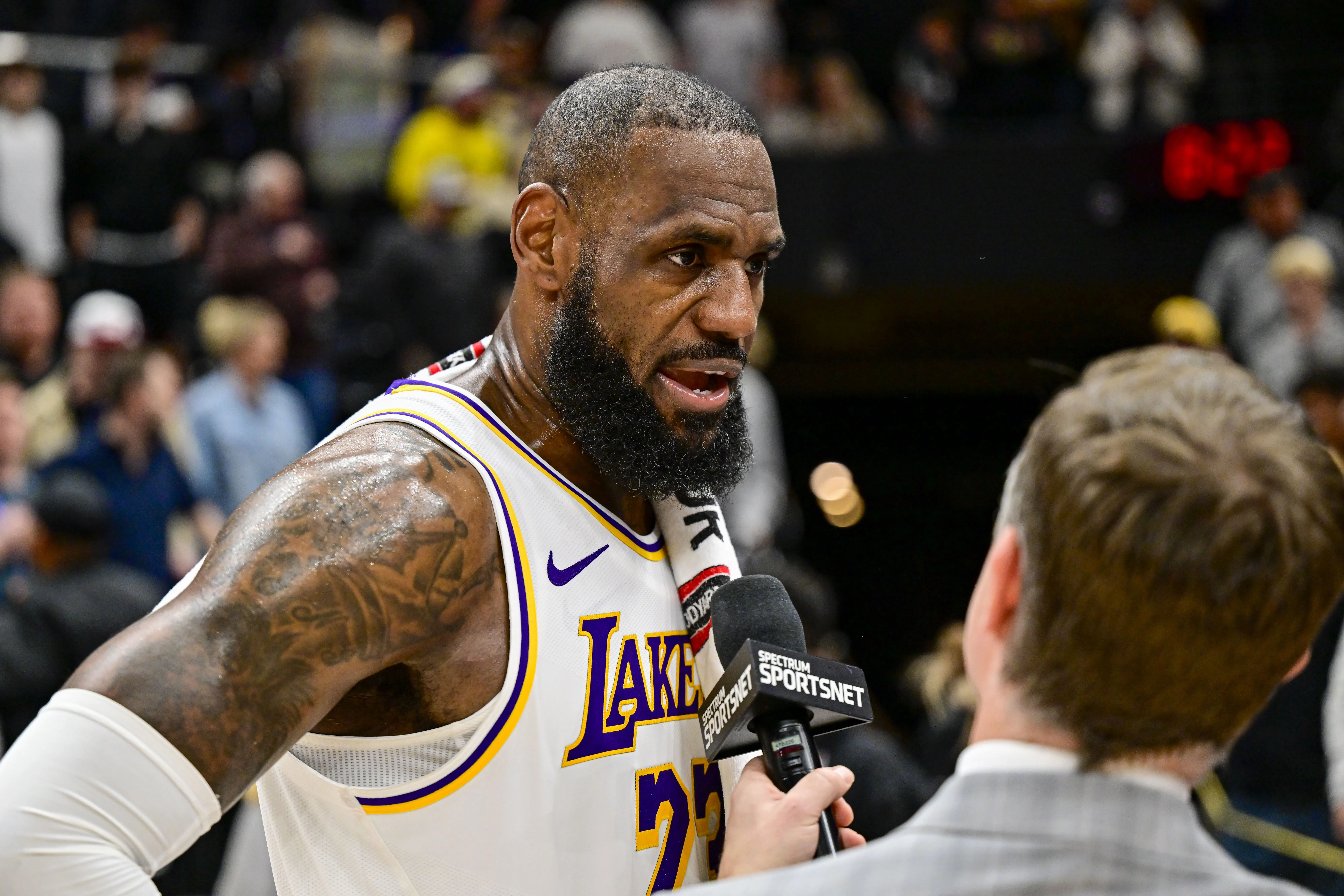 Dec 1, 2024; Salt Lake City, Utah, USA; Los Angeles Lakers forward LeBron James (23) gets interviewed after the game against the Utah Jazz at the Delta Center. 